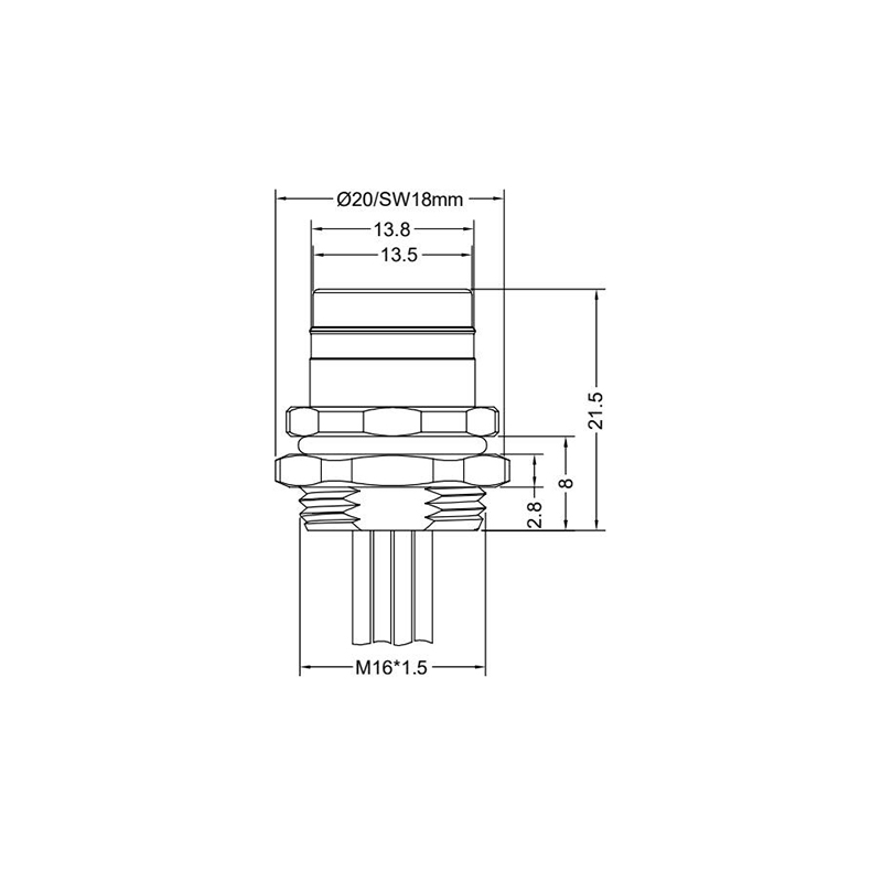 Push-pull m12 3pins A code female straight rear panel mount connector M16 thread,unshielded,single wires,brass with nickel plated shell